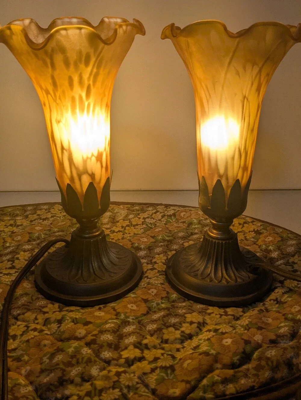 Vintage Amber Glass Pond Lily Tulip Trumpet Table Lamps